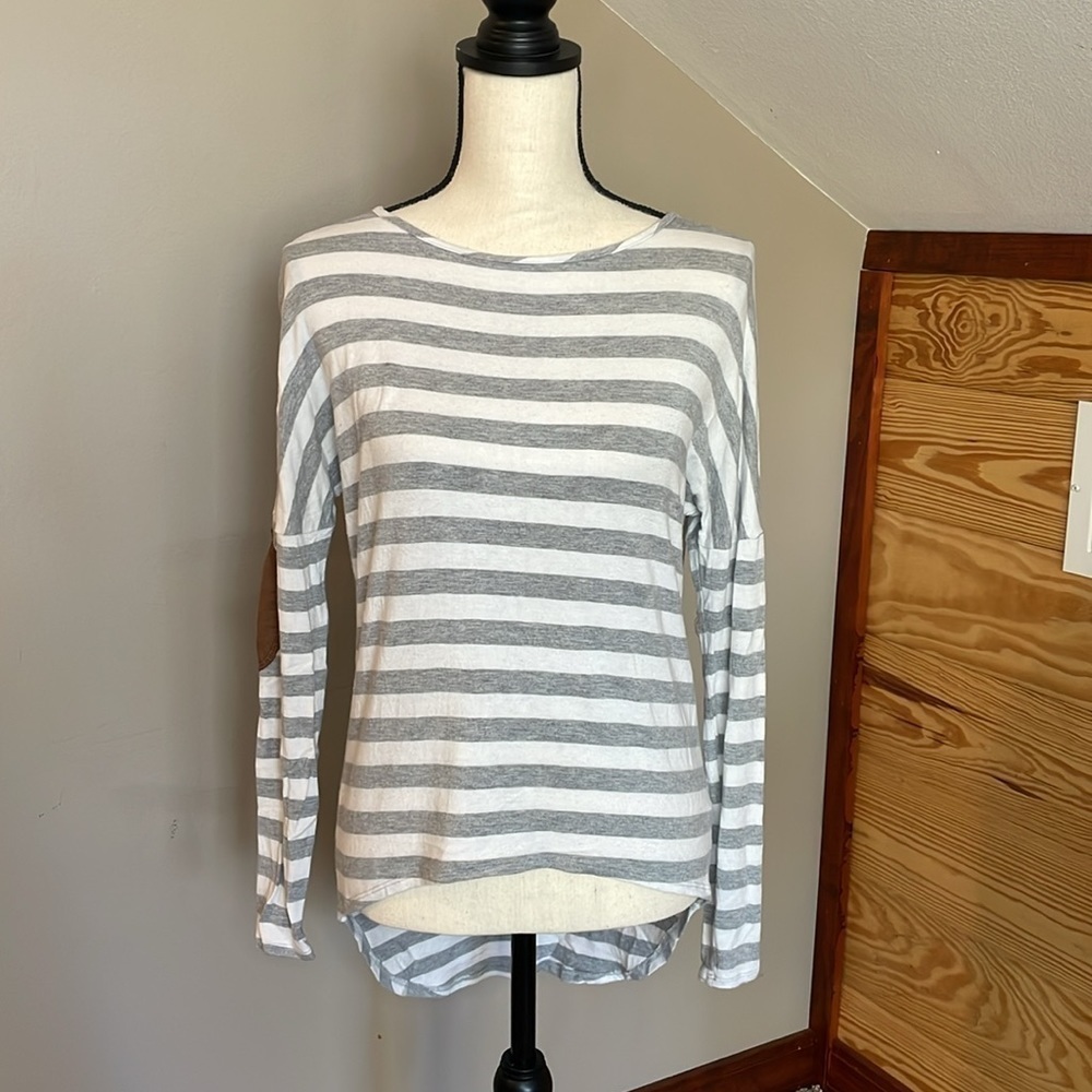 Always Me Grey & White High Low Striped Long Sleeve Top Small